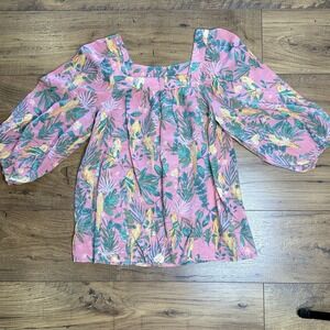 Lauren Conrad Pink Parrot  Blouse Boho Tropical Puff Sleeve Top Shirt Womens S